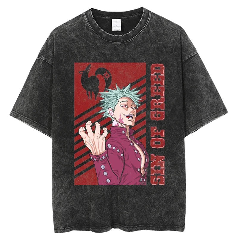 Anime The Seven Deadly Sins Ban Meliodas Escanor Print T Shirt Unisex Vintage Washed Tshirts Harajuku Oversized Cotton T-shirt