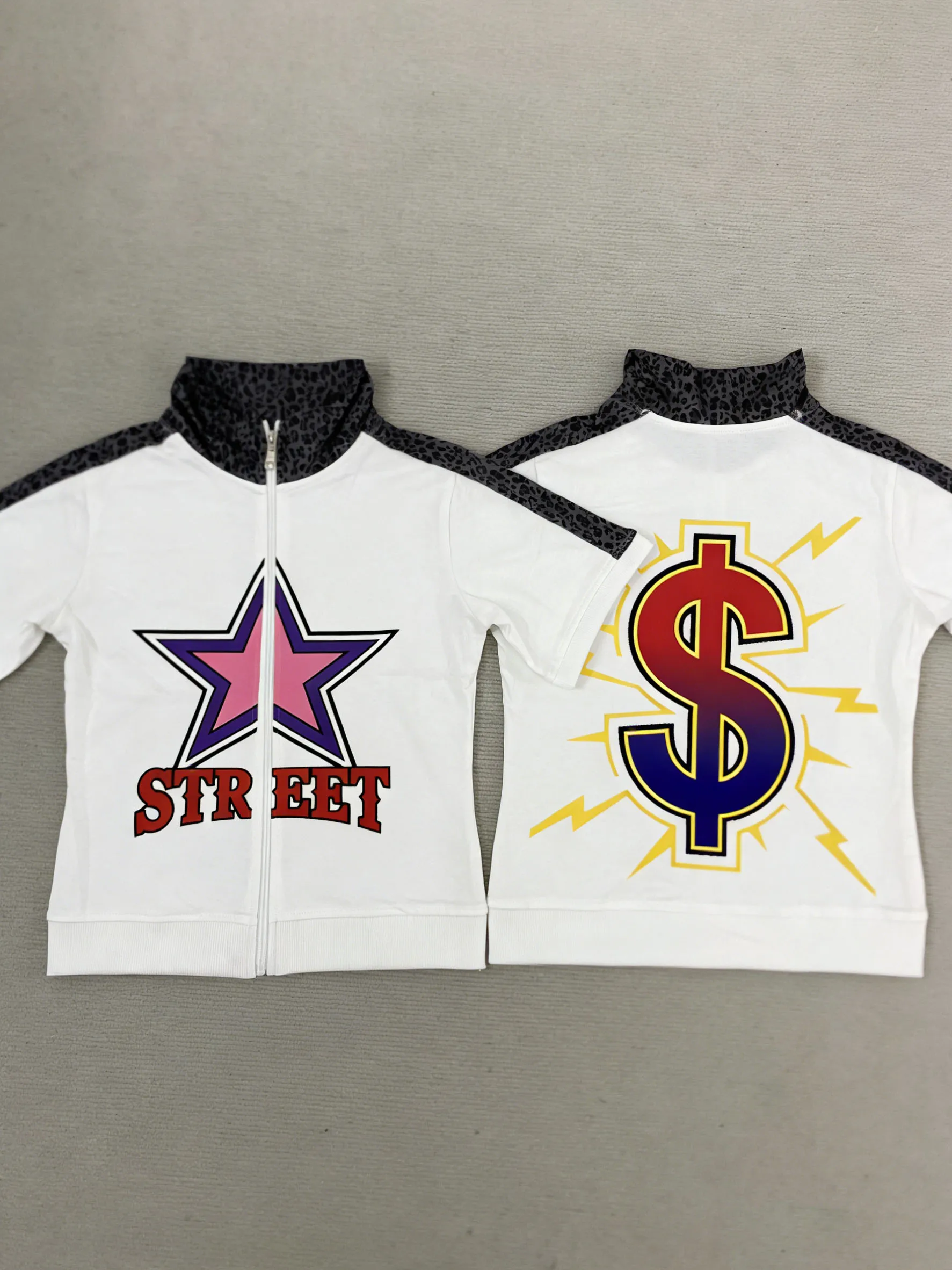 Camisola feminina branca Zip-Up Crop-Star Print Leopard Trim Manga Curta Streetwear Outono Casual American Retro Top