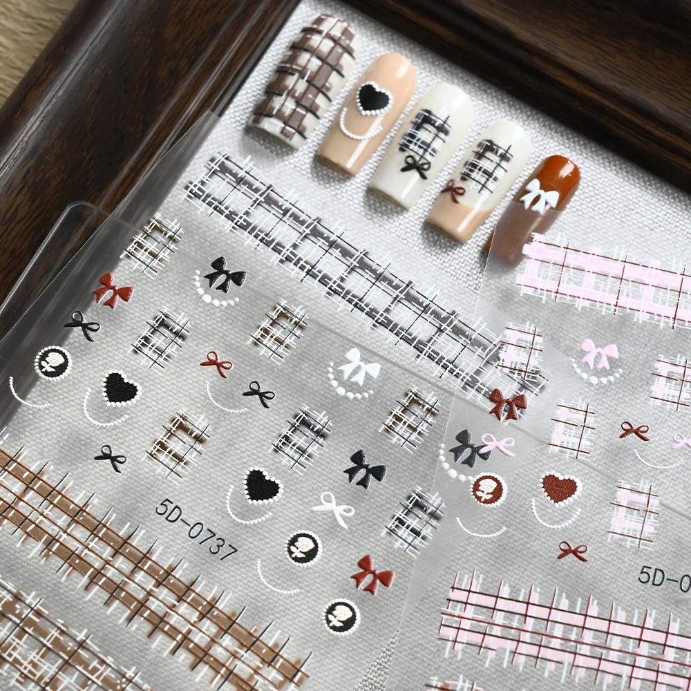 1pc 5D Embossed Bow Plaid Nail Decals Black White Checkered Bowknot Nail Art Sticker Women Girl Love Heart Grid Manicure Sliders