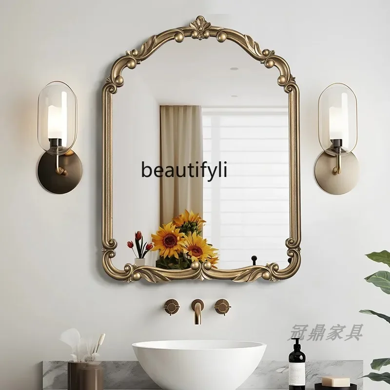 French Style Bathroom Mirror Vintage Carved Decorative Makeup Mirror Home Decor Wall-Mounted Vanity Mirror