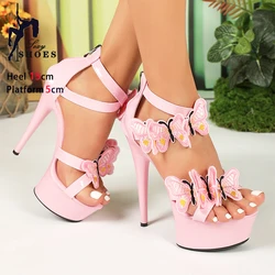 Rome Style 15CM Thin High Heels Summer Night Club Pole Dance Shoes Waterproof Platforms Butterfly Sandals For Women Plus Size 43