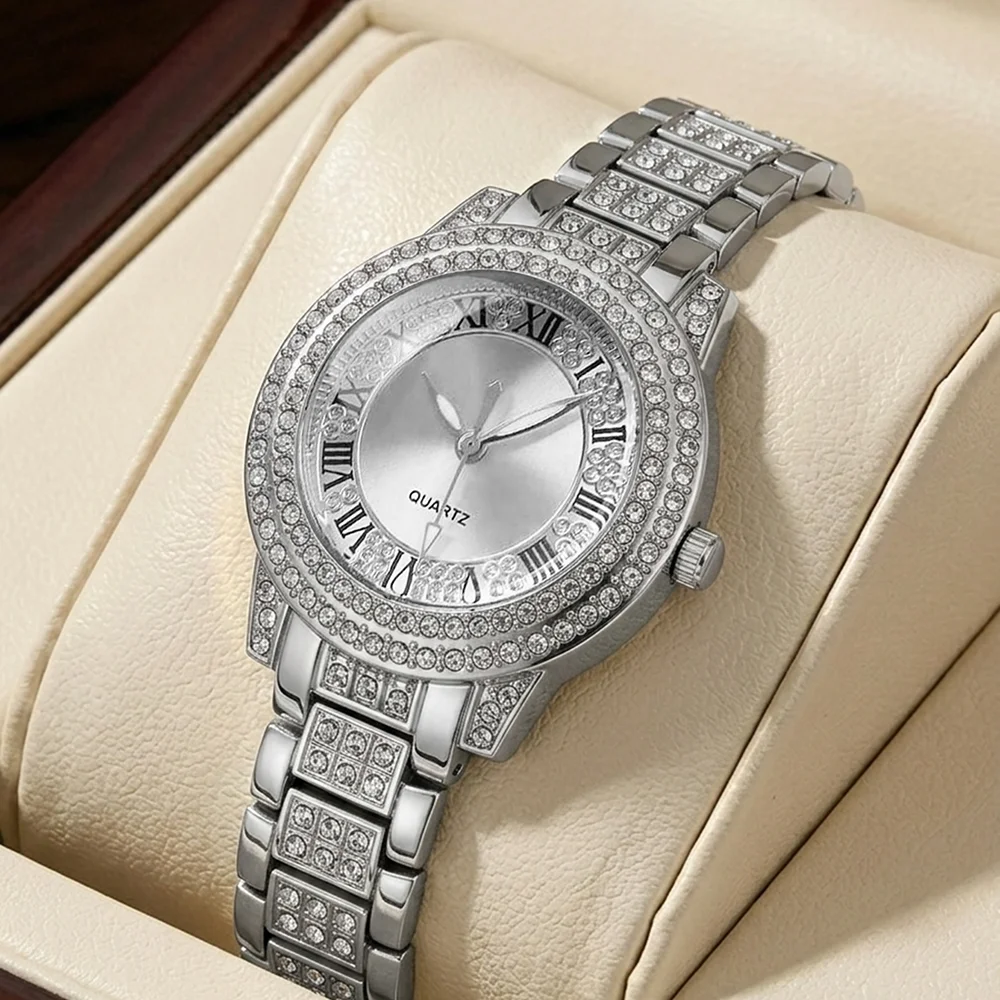 4Pcs/Set Unisex Jewelry Watches Women's Wristwatch Accessories Silver Trendy Fashionable Elegant Classic Exquisite Light Luxury Rhinestone Luxury Roman Numeral Dial Round Dial Quartz Watch Set Y2K Suitable for Travel, Parties, Daily Outfits, Perfect Birthday and Holiday Gift