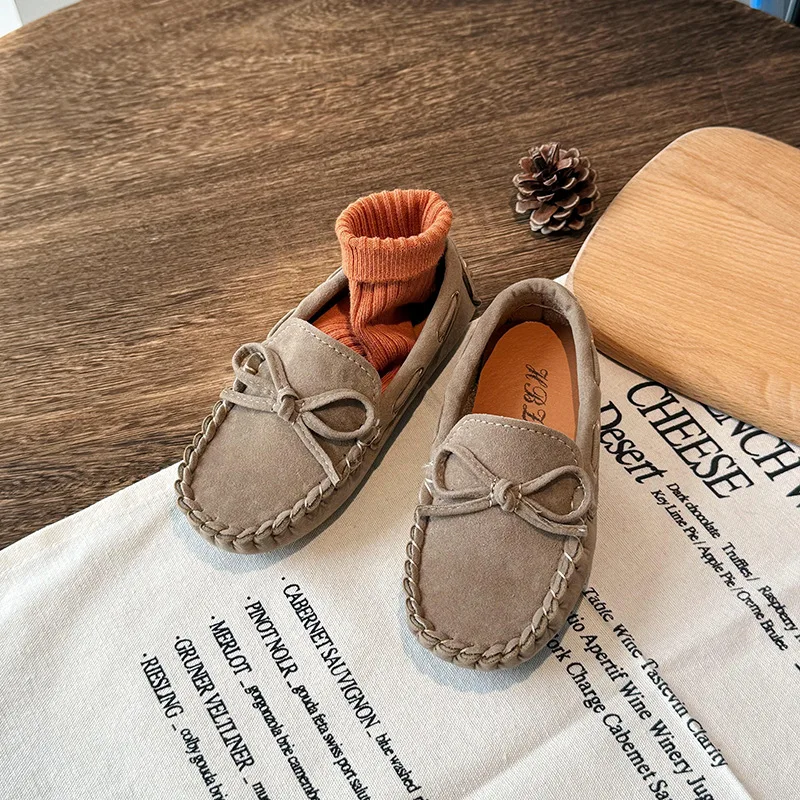 Children Casual Flats 2024 New Fabric Moccasin with Simple Bow Girls Minimalist Style Princess Shoes Anti Slip Wear-resistant