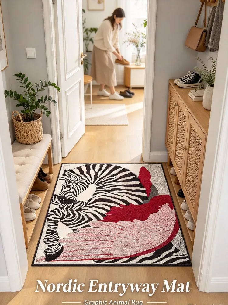 VIKAMA Zebra Print Feather Doormat Bold Animal Rug Black White Red Floor Mat for Entryway Home Decor