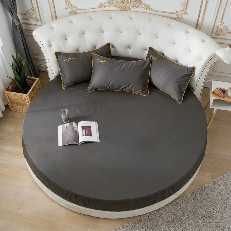 100%Cotton Hotel Quality Round Fitted Sheet with Elastic Band 200/220cm Skin Friendly Breathable Mattress Cover No Shift Design