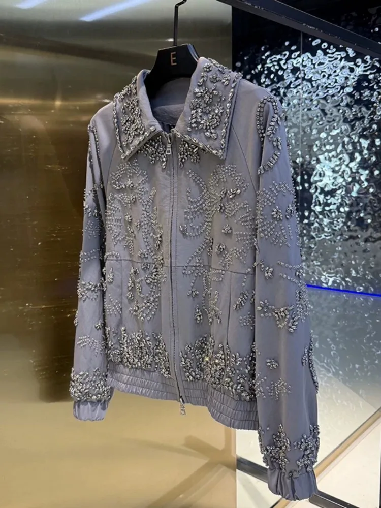New Women Sequined Diamonds Zipper Sheepskin Genuine Leather Jacket Lapel Casual Windbreakers Outerwear Fashion Streetwear Short