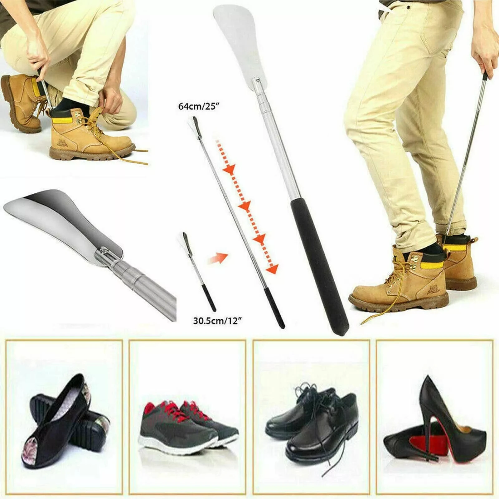 High-Quality Extra Long Metal Shoehorn Ergonomic Long Handle Metal Handled Shoehorn Shoe Horn for Elderly