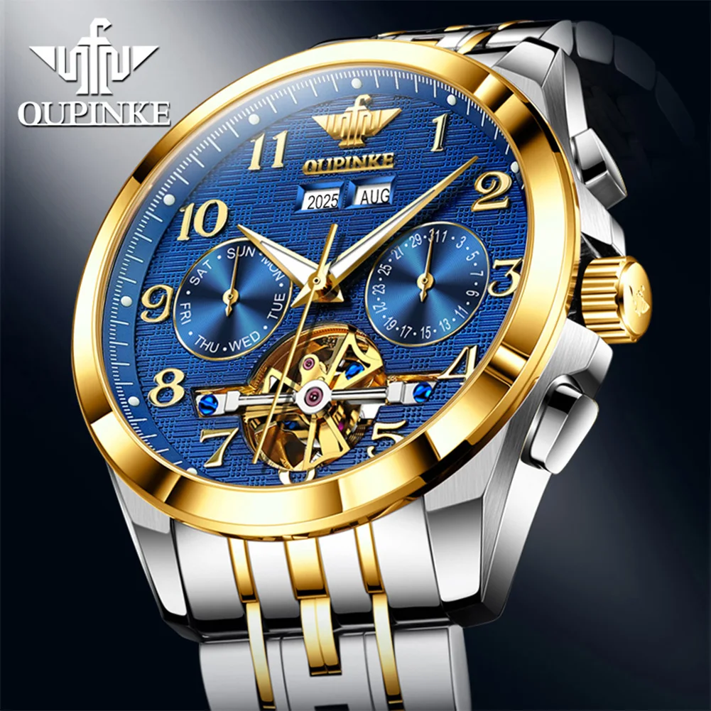 OUPINKE Luxury Original Men Automatic Watch Chronograph Date Mechanical Watches For Men High Quality Multifunctional Watch 3263