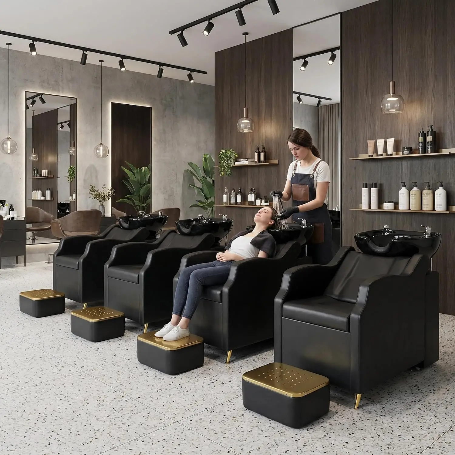 Large Ceramic Bowl, Neck Rest, Foot Pedal, Lay-In Recline Back Lumbar Support, Salon Sink for Hair Stylist Spa Massage