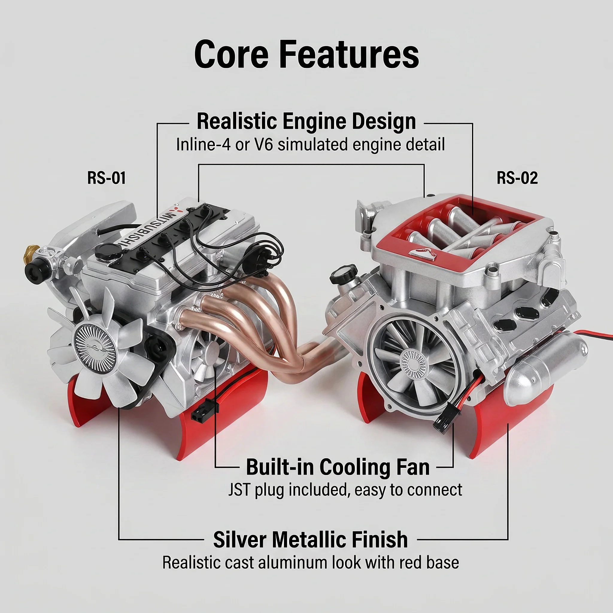 Simulated Engine Radiator 1/10 Moonbuggy Tube Crawler RS-01 RS-02 Scale Detail Upgrade Silver Metal Finish JST Plug