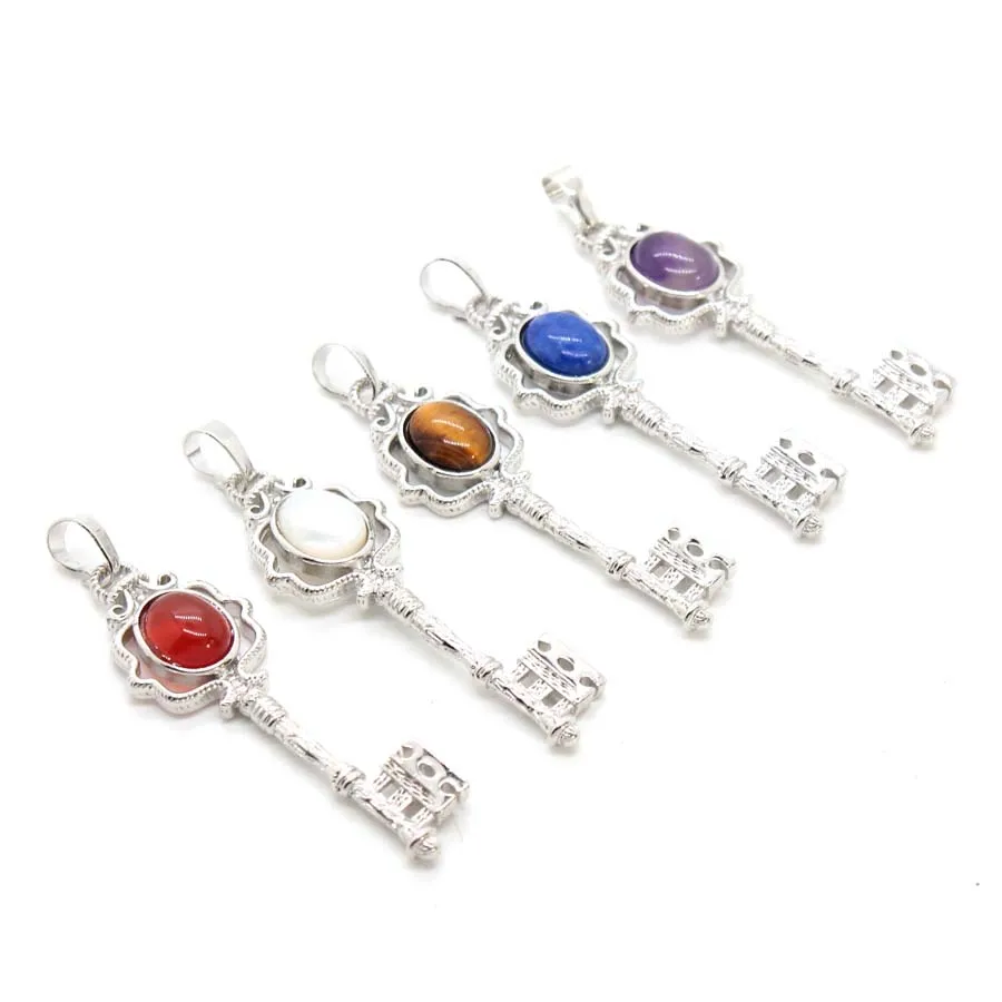 Natural Crystal Stone Key Pendants Amethyst Rose Quartz Lapis Lazuli Silver Color Key Pendant For Women Jewellery Necklace DIY