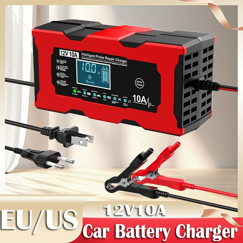 Pengisi Daya Baterai Mobil dan RV 12V 10A Pengisian Cerdas Klip Buaya Layar LCD Untuk Lifepo4 Asam Timbal AGM GEL
