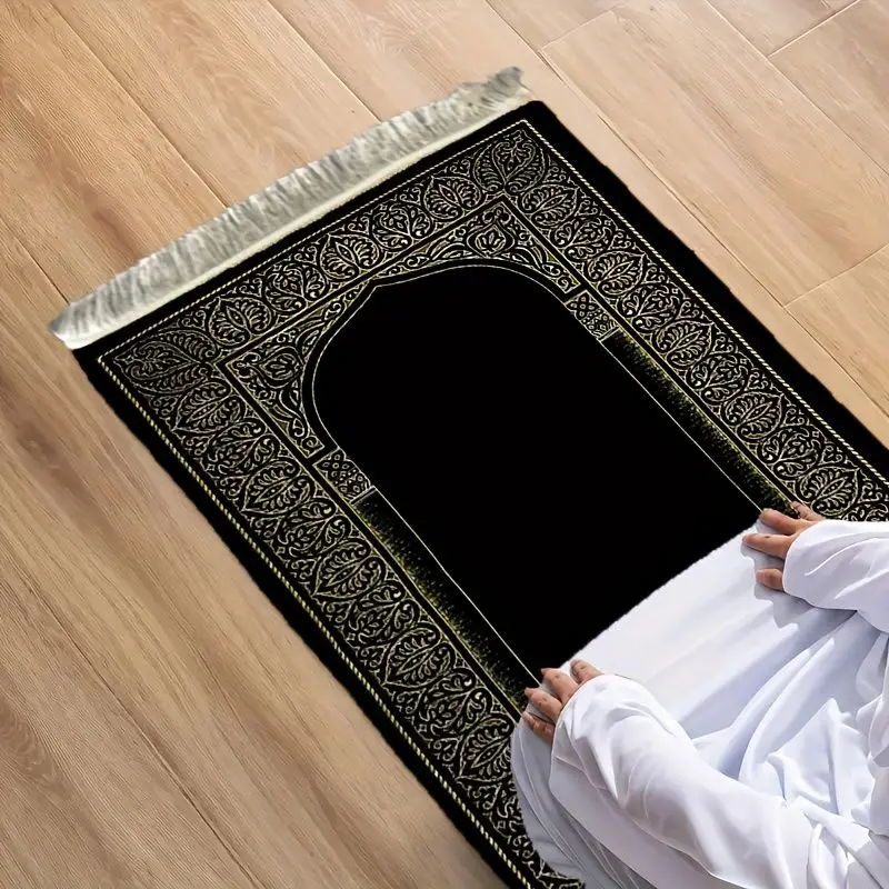 VIKAMA Black Gold Retro Arab Mosque Arches Worship Blanket Wear resistant Portable Home Worship Mosque Pilgrimage