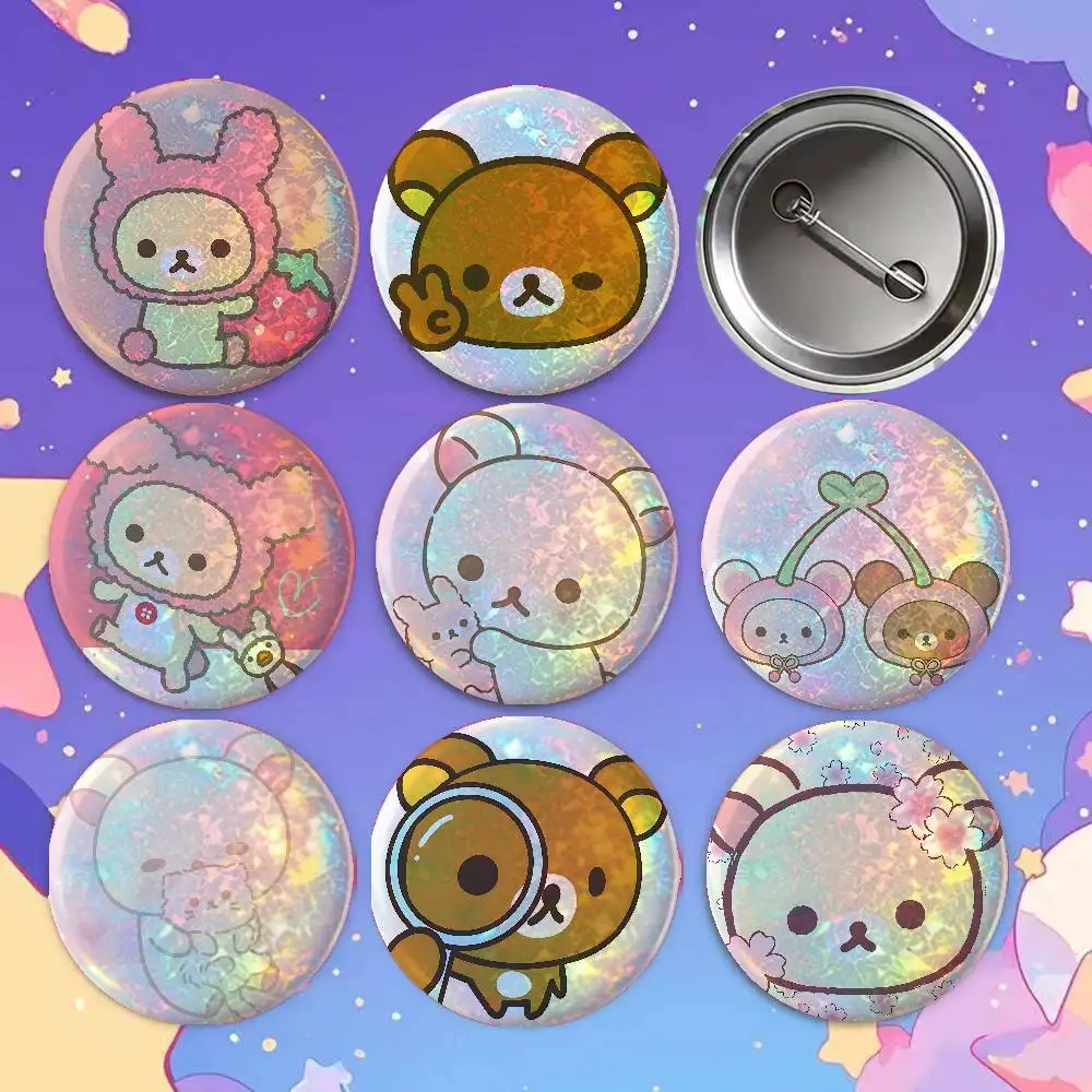 Cute R-Rilakkumas Enamel Pin Anime Game Laser Double Flash Tinplate Badge Cartoon Character Pin Brooch Fan Collectible Cosplay