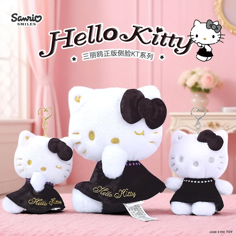 Sanrio Hello Kitty Cross-Dressing Black Gold Series Profile Closed Eye Design Love Metal Buckle Plush Doll Keychain Pendant Gift