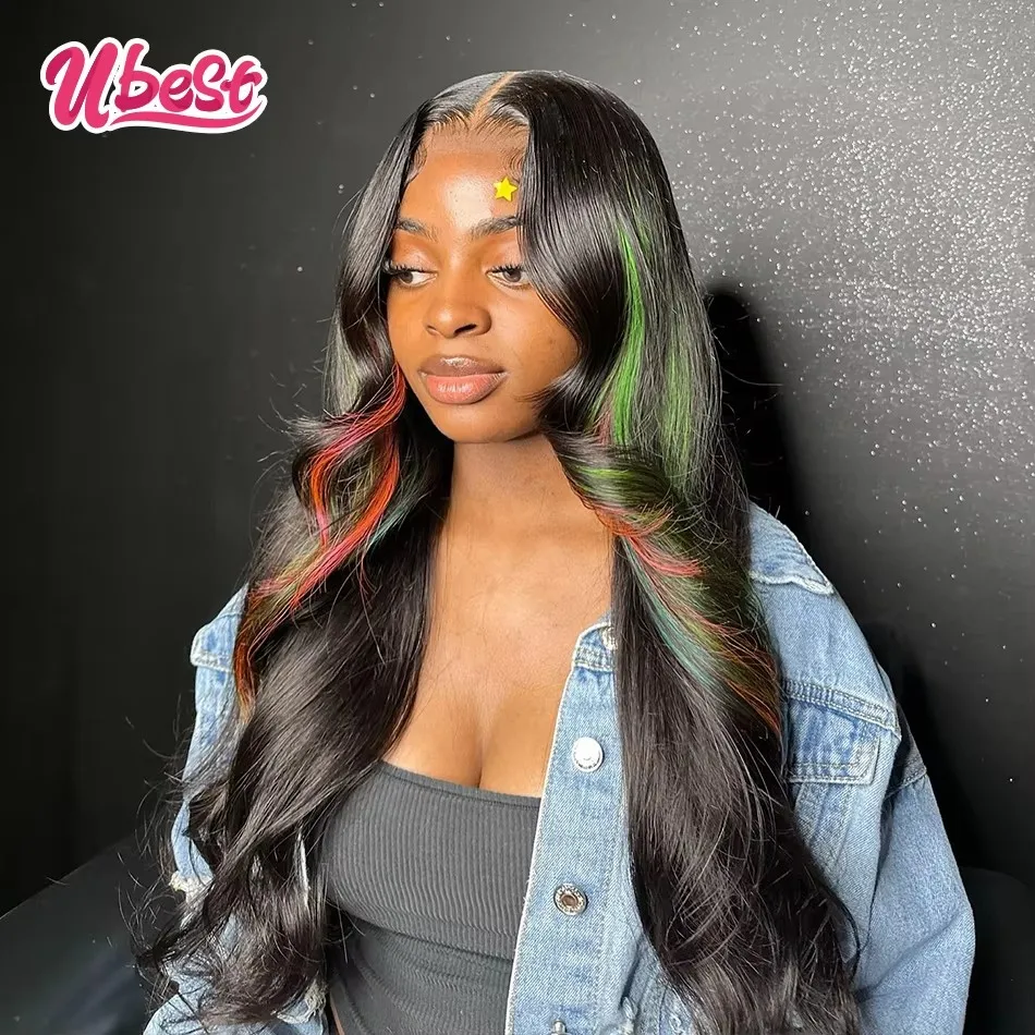 

13X6 Transparent Lace Front Wigs Body Wave Human Hair Highlights Green Pink Colored 5X5 Lace Closure Wig Pre Plucked For Women