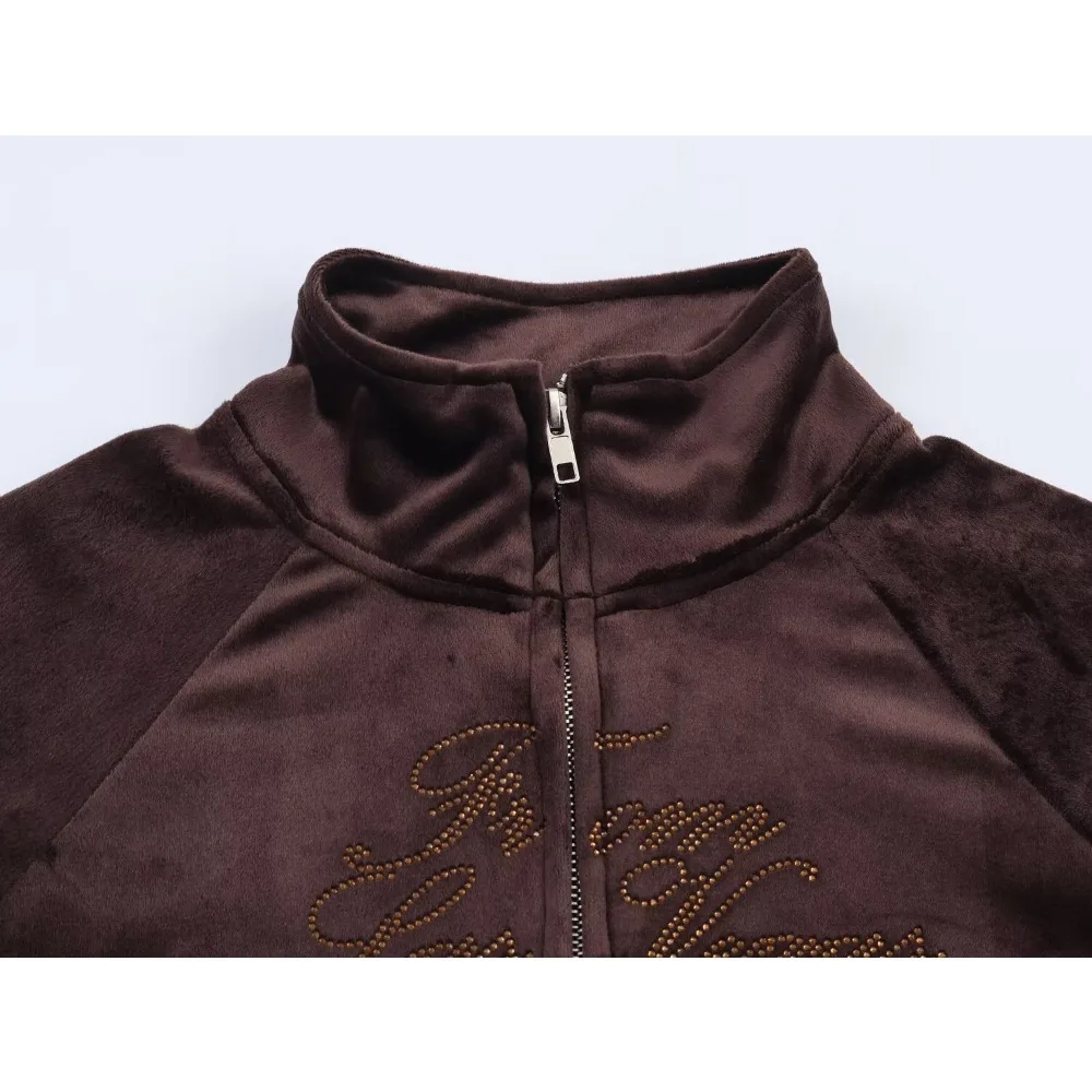 Women's Comfy Autumn Co Ords Sporty Velvet Pant Sets High Collar Text Velvets Jacket and Drawstrings Pants with Embroidered Text