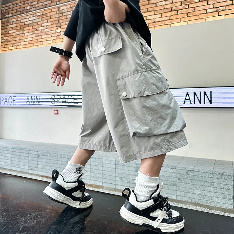 2026 Summer Boys Cargo Shorts Breathable Hollow Design Five-point Pants Casual Versatile Kids Daily Outdoor Trousers
