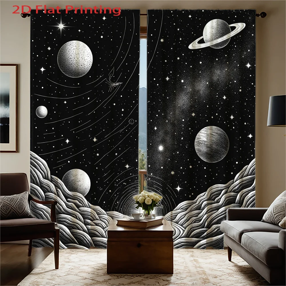 Galaxy Curtains 2pcs – Black and White Planets Stars Print, Astronomical Art Decor for Bedroom Living Room