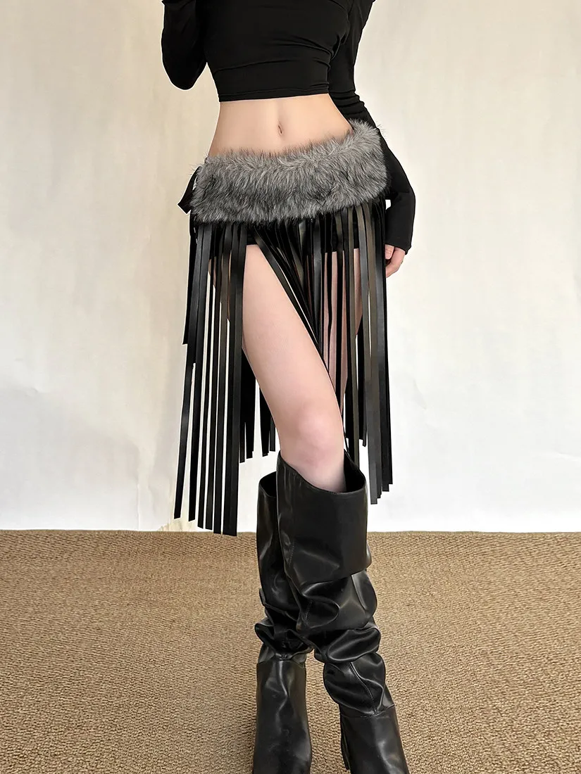 Women's Black Gothic Emo Tassel Skirt Vintage Skirt Harajuku Korean Style Y2k Gyaru Fur Patchwork Skirts 2000s Clothes Summer