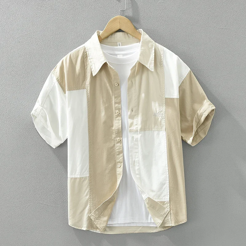 2024 Summer New Fashion Patchwork Short Sleeve Shirts for Men Plus Size Casual Loose Cotton Shirts