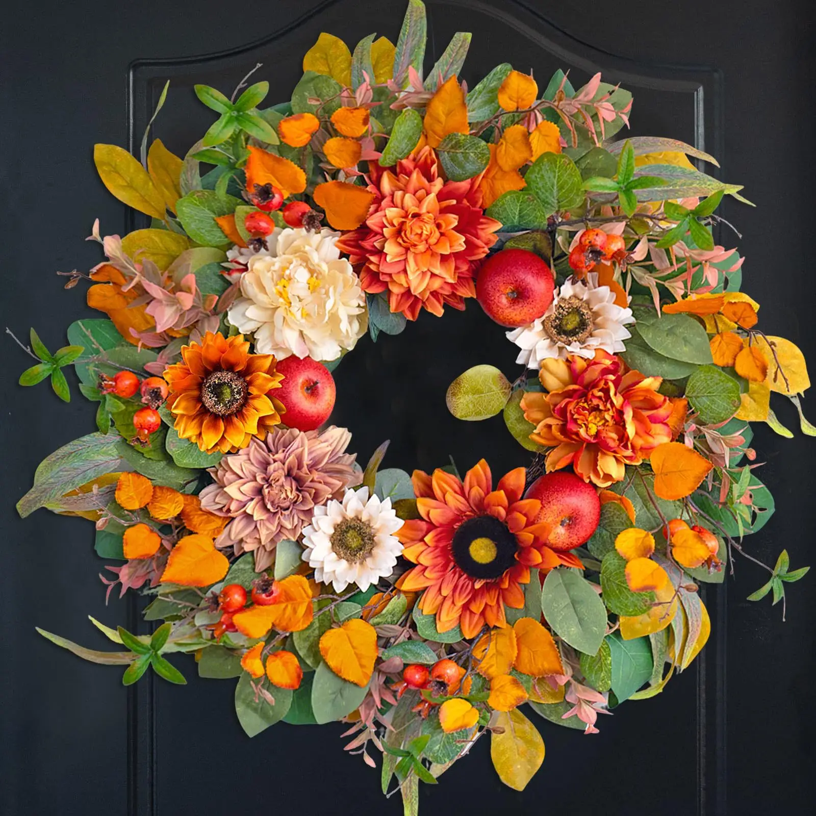 Yannew 20inch Fall Wreaths for Front Door Autumn Rustic Harvest Wreath with Sunflowers Apple Berries for Outdoor Home Wall Decor