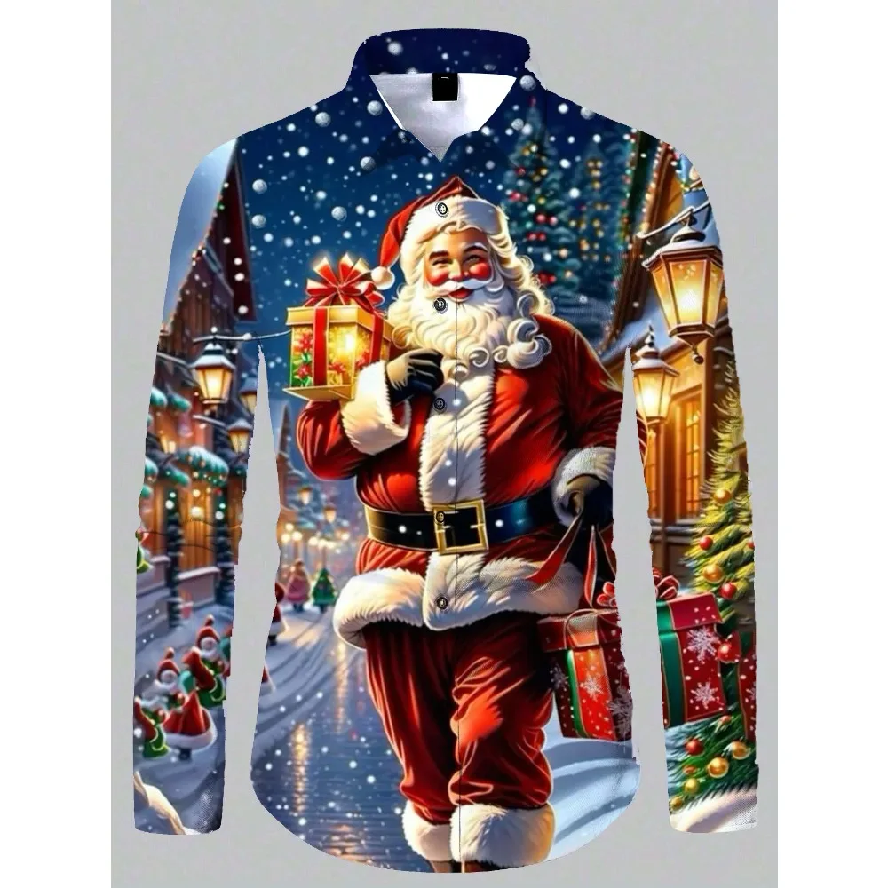 Męska koszula z długim rękawem Casual Fashion Santa Claus Printed Shirt 3d Design Męska koszula z klapą z długim rękawem New Year Gift Top