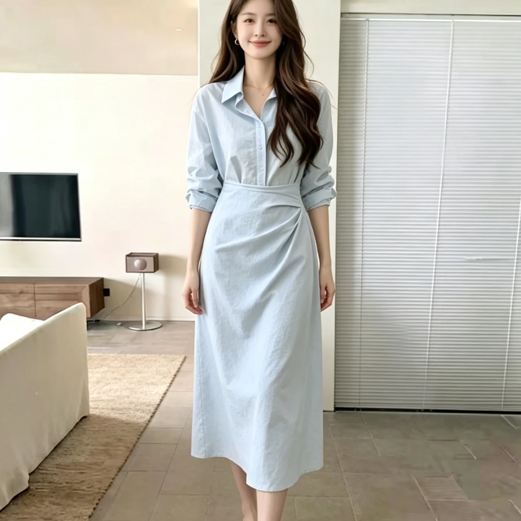 Afslankende blauwe shirtjurk v - Korean Style A Line Shirt Dress recensie en prijs