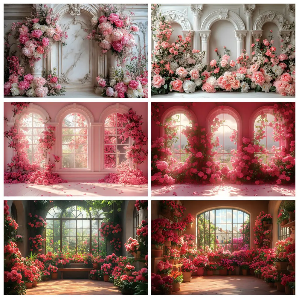 

Spring Pink Flower Backdrop Floral Arched Windows Kids Birthday Party Romantic Bridal Shower Photography Background Photo Studio