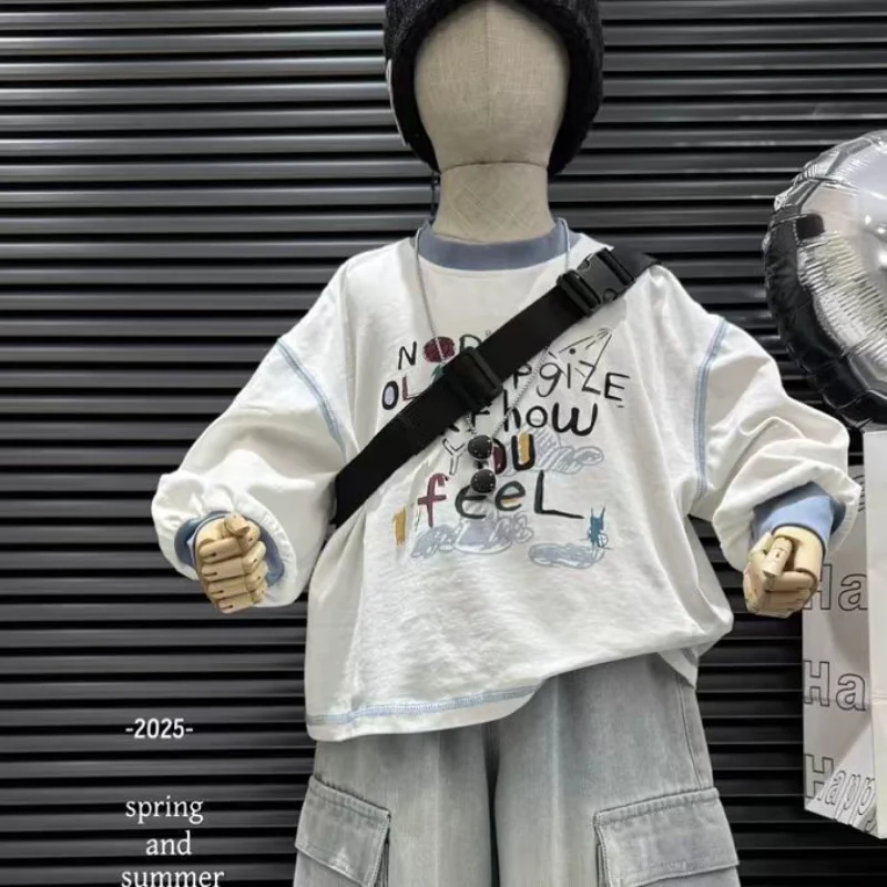 

Футболка для мальчиков, весна-осень 2024, Новое поступление, свободная повседневная детская одежда с длинными рукавами и цветными блоками, хлопковый топ с базовым слоем