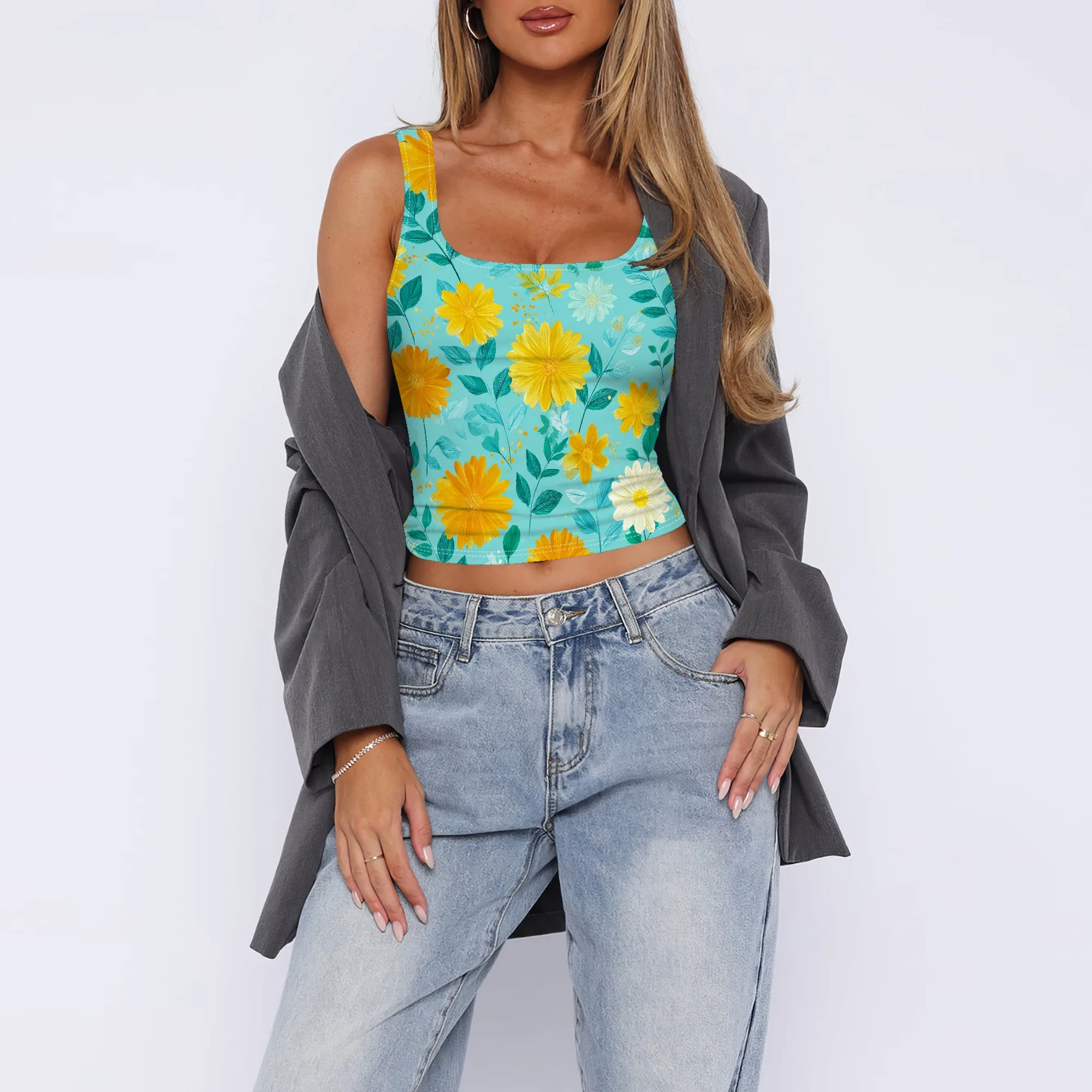 Tank Top Leher Persegi Musim Panas Wanita Ratu Pakaian Tanpa Lengan Kamisol Musim Panas Berusuk Potongan Latihan 2025