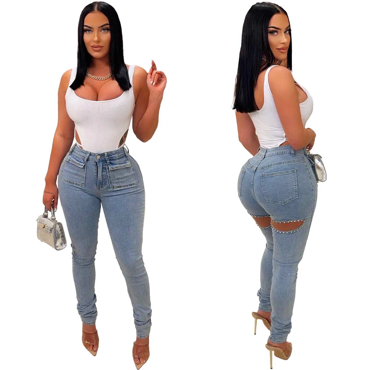 

Summer Fashion Washed Women Tight Jeans Hollow Out Pearls Pockets High Waist Stretchy Pencil Jeans Real Picture