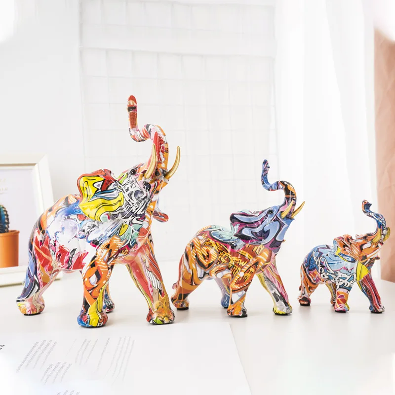 

Статуя слона скандинавского граффити, красочный художественный декор из смолы для дома, абстрактная скульптура животного для прихожей и столешницы