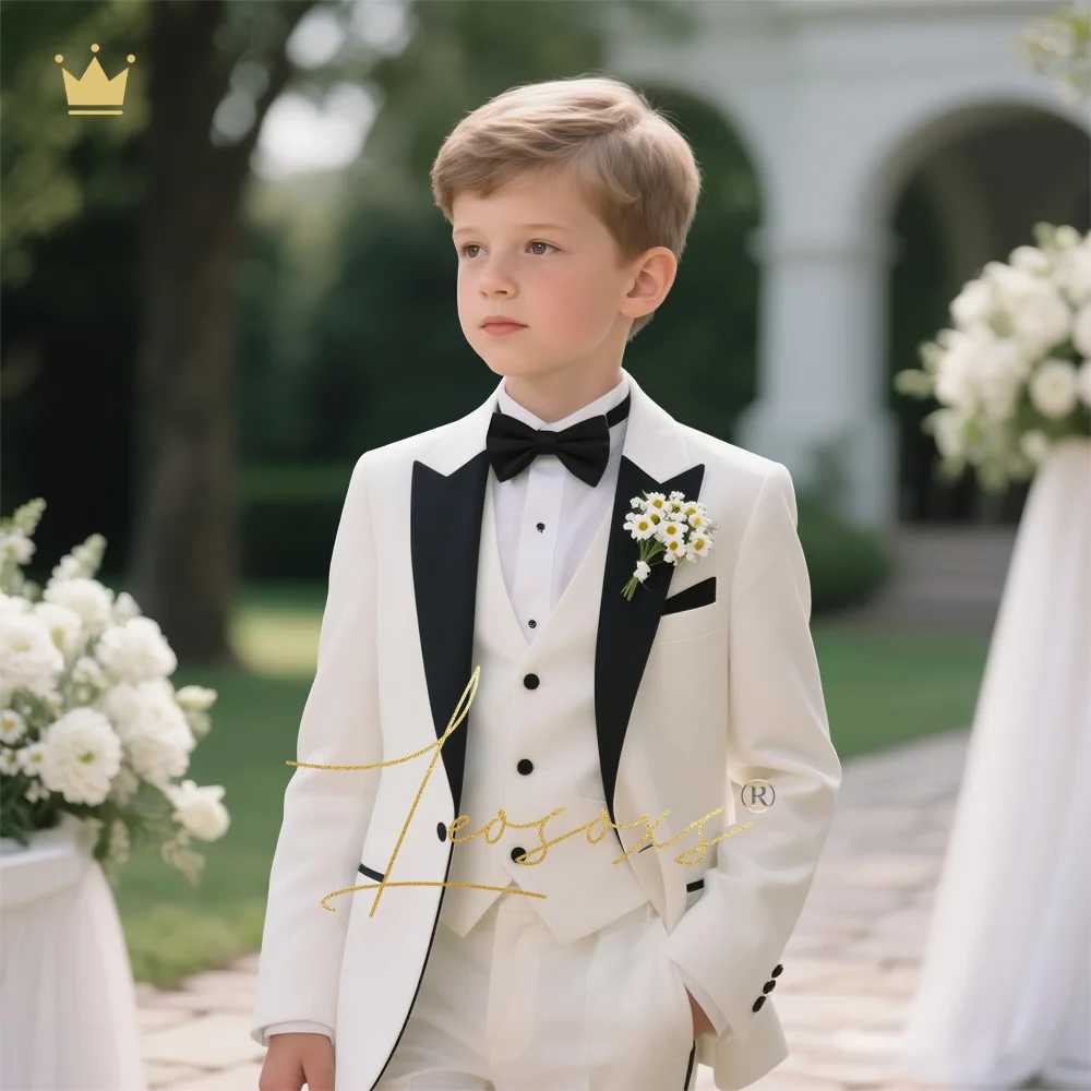 

Boys' 3-piece wedding suit, stylish black peaked lapel design, single-button elegant jacket with vest and pants