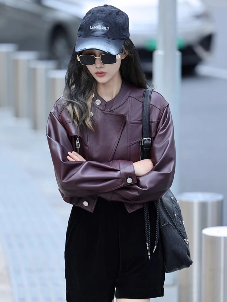 Casual Short Genuine Leather Motorcycle Jackets for Women Spring Autumn High-end Simple Stand Collar Soft Real Sheepskin Coat
