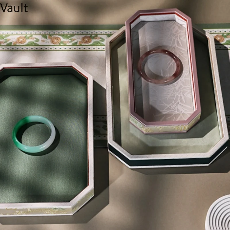 Oriental Brocade Viewing Dish, Pearl Necklace & Jade Bangle Tray, Jewelry Display Prop for Photography & Counter