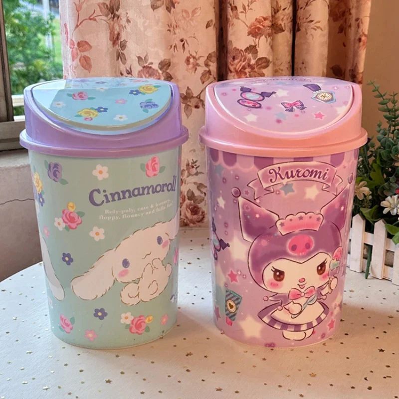 Мультяшная настольная корзина для мусора Kawaii Kuromi Melody Cinnamoroll, симпатичная бумажная корзина с откидной крышкой для спальни, декор для комнаты