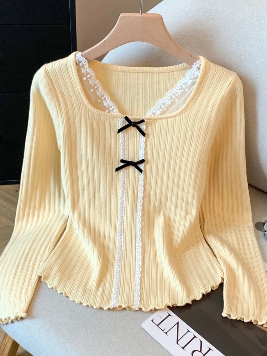 

Женская трикотажная футболка Long Sve, ранняя осень, утягивающая кружевная футболка с квадратным воротником, Self-Kee Sle, корейская версия для поездок на работу