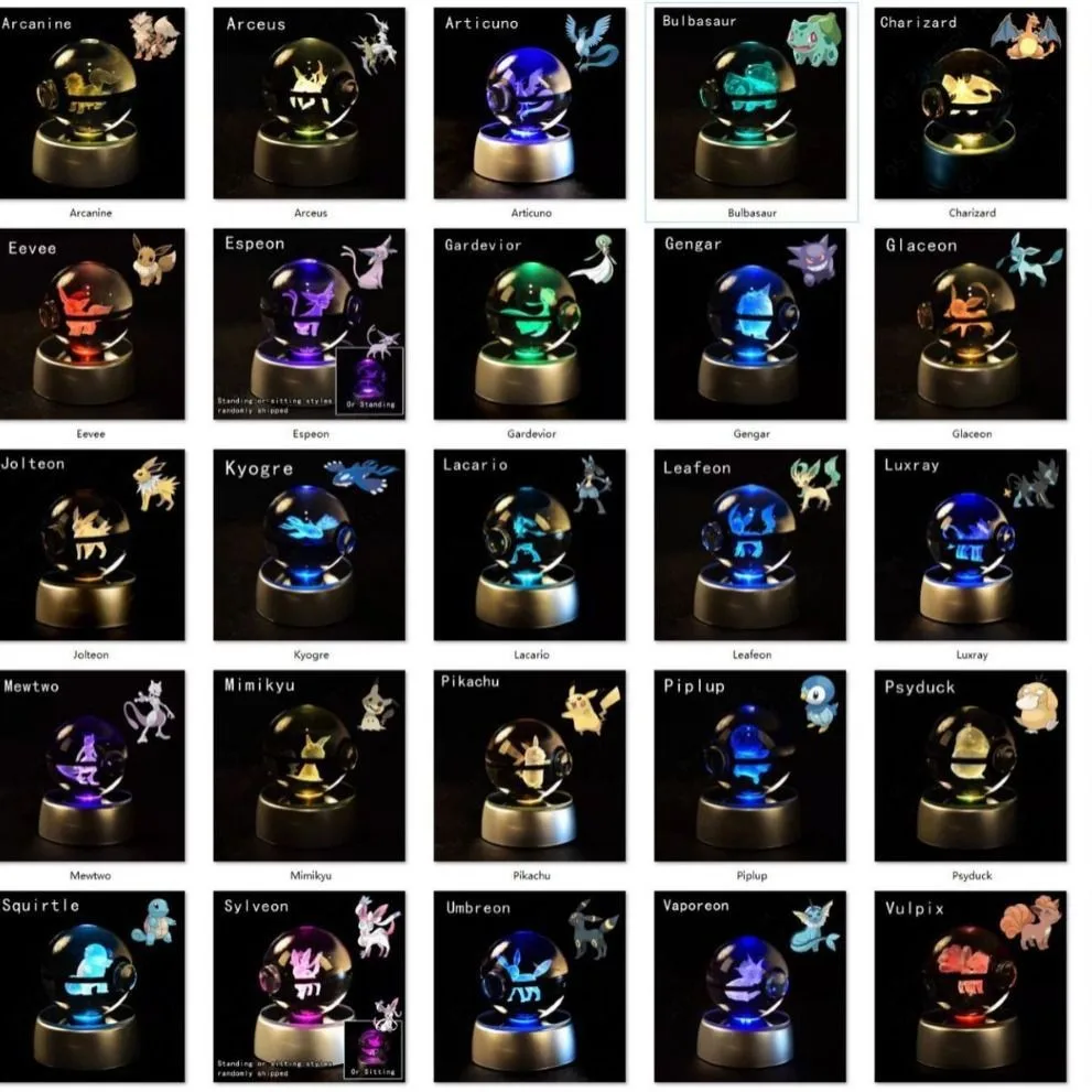 

Night Lights Pokemon Pikachu Crystal Ball 3D Gengar Mewtwo Lamp 3D Glass Table Decoration Statue Birthday Gift For Kids Children
