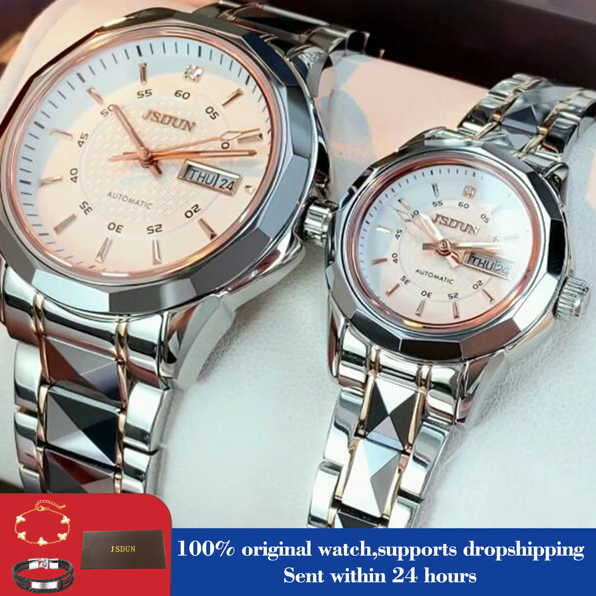 

JSDUN 8014, часы для мужчин и женщин, механические часы с двойным календарем для пар, роскошные оригинальные водонепроницаемые ручные часы с сапфировым зеркалом