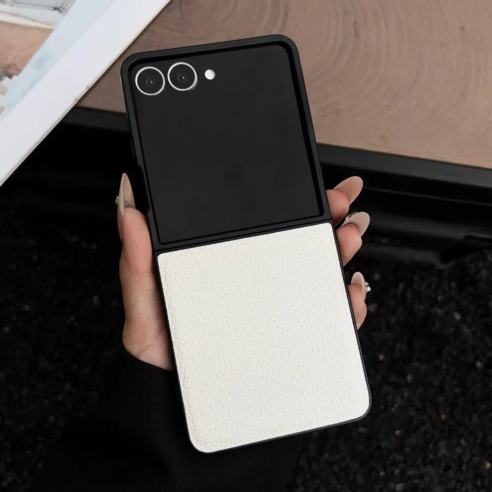 Einfache Leder-Handyhülle mit Litschi-Muster für Samsung Galaxy Z Flip 7, 6, 5, 4, 3, 5G, einfarbig, stoßfest, weiche Schutzabdeckung