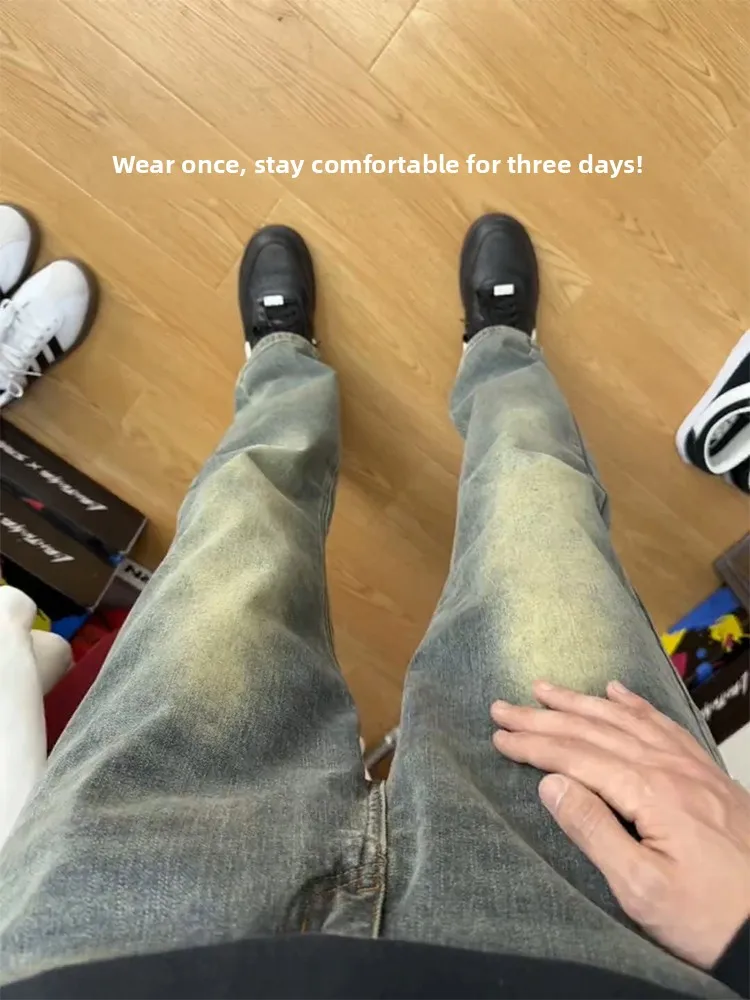 

Retro American Blue Denim Jeans Men's Waed Slim Straight Leggings High Street Trend Elastic Slimming Pants Modern Sle