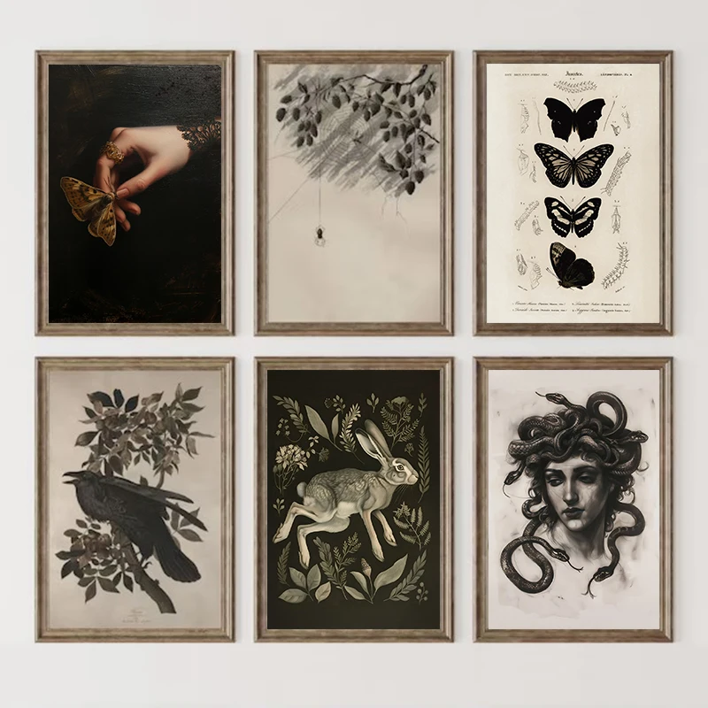 Póster de Estilo Gótico Victoriano con Retrato de Medusa y Polilla del Bosque, Estética Academia Oscura, Impresión en Lienzo, Cuadro Decorativo para Pared, Decoración del Hogar