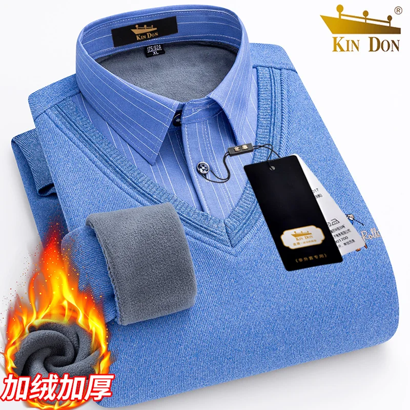 Men's long sleeve shirt thickened warm knit fake two high quality autumn and winter fashion comfortable everything on the street