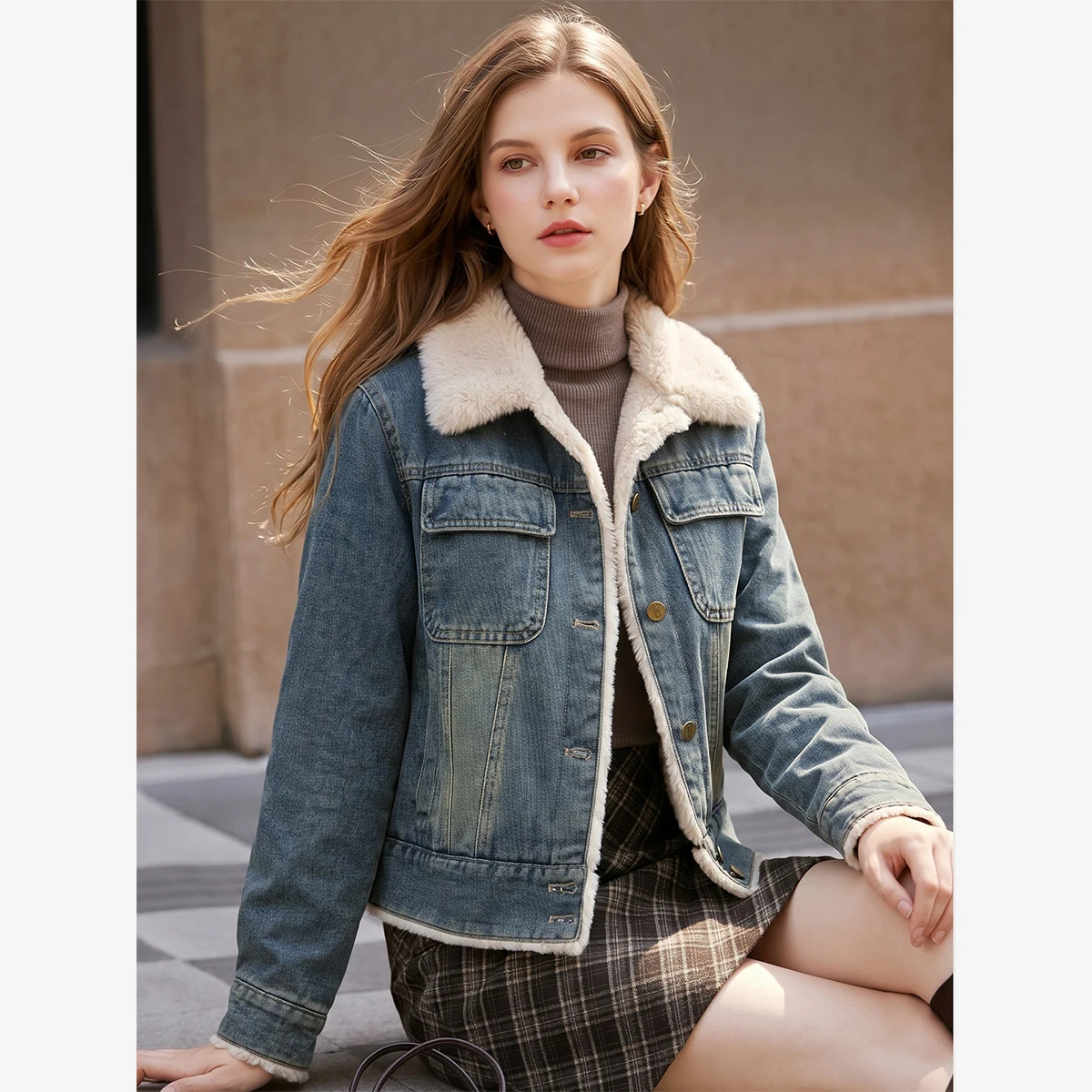 VIMLY Hong Kong Style Vintage Collared Denim Jacket Women 2026 Winter New Fleece Lined Warm Coat Fashion Female Outwears 31938