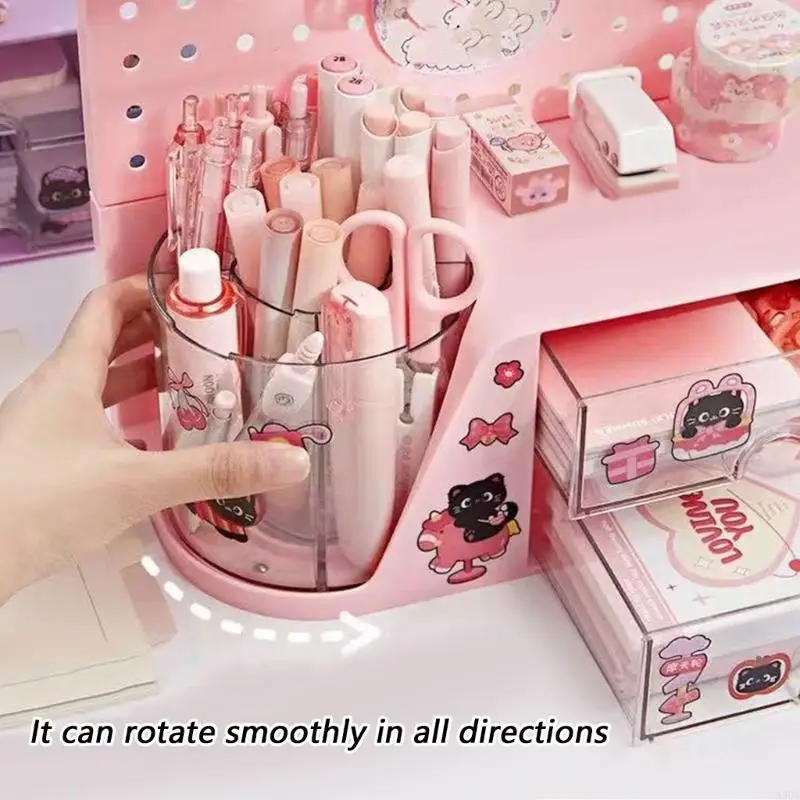 Multi-Sections Desk Organiser With Adjustable Pegboard Drawers Rotating Pen Cup 