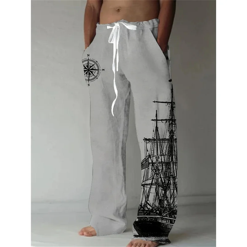 2025 Summer New Men's Casual Pants 3D Retro Shabby Print Beach Pants 100% Polyester Fiber Lightweight Stretch Cord Sweatpants