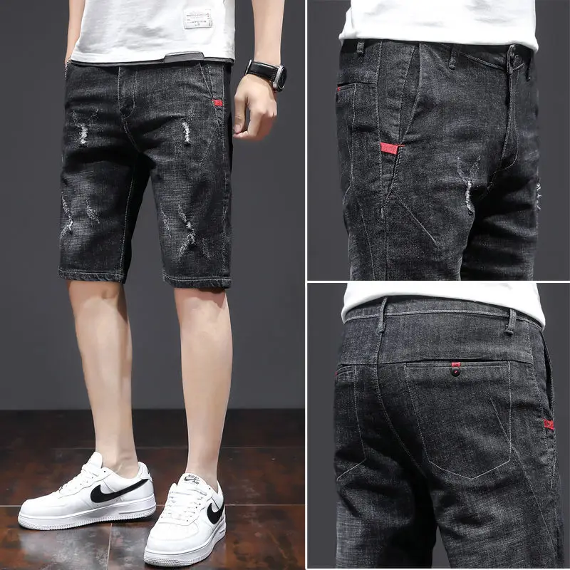

Мужские прямые джинсы-шорты, летние, модные, облегающие, длиной до колена, с рваными элементами, молодежные, энергичные, повседневные, прямые брюки-трубы