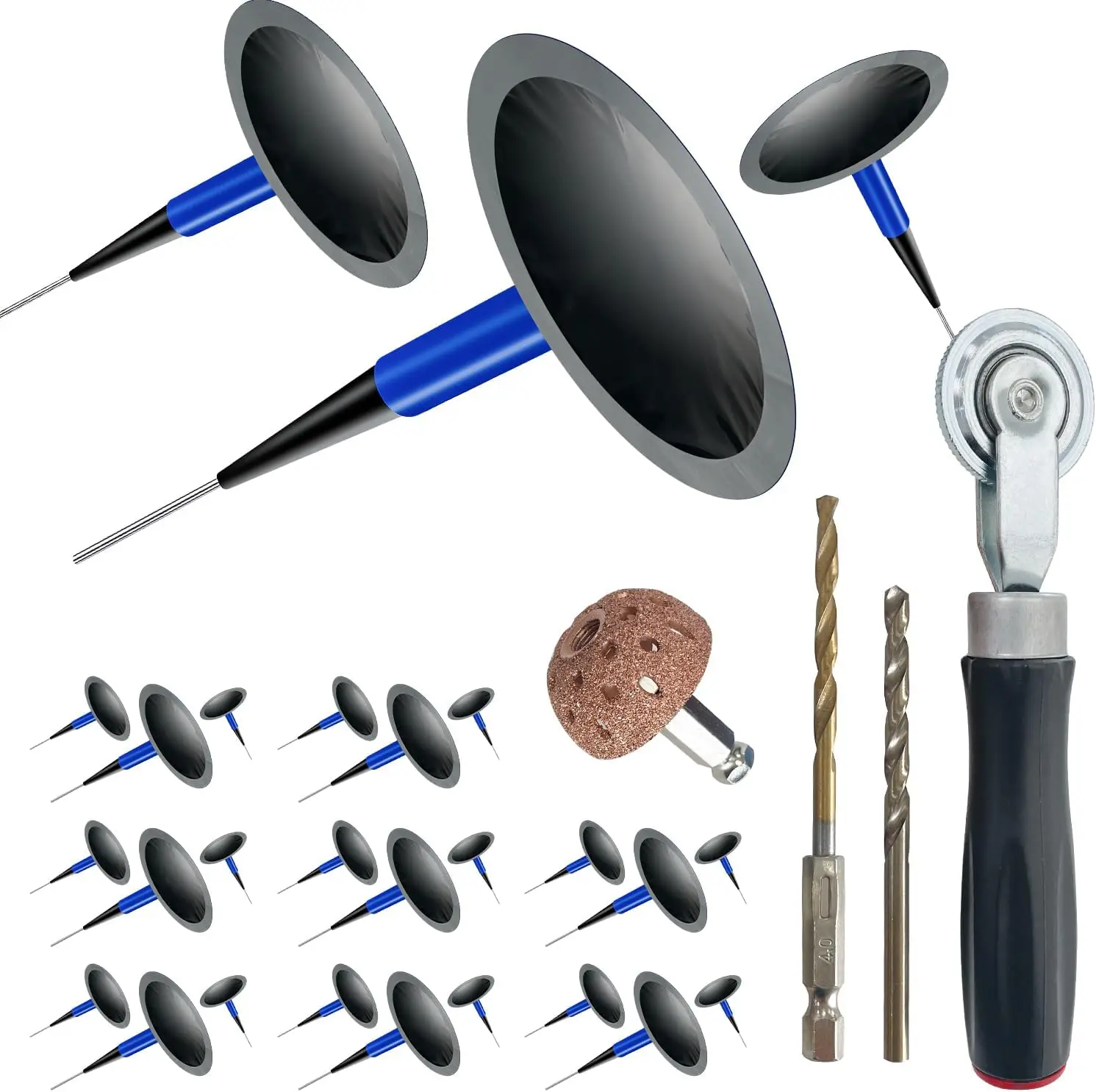 

Tire Repair Kit with 24 Patches, Buffing Wheel, Roller & Drill Bits for Vehicle Maintenance