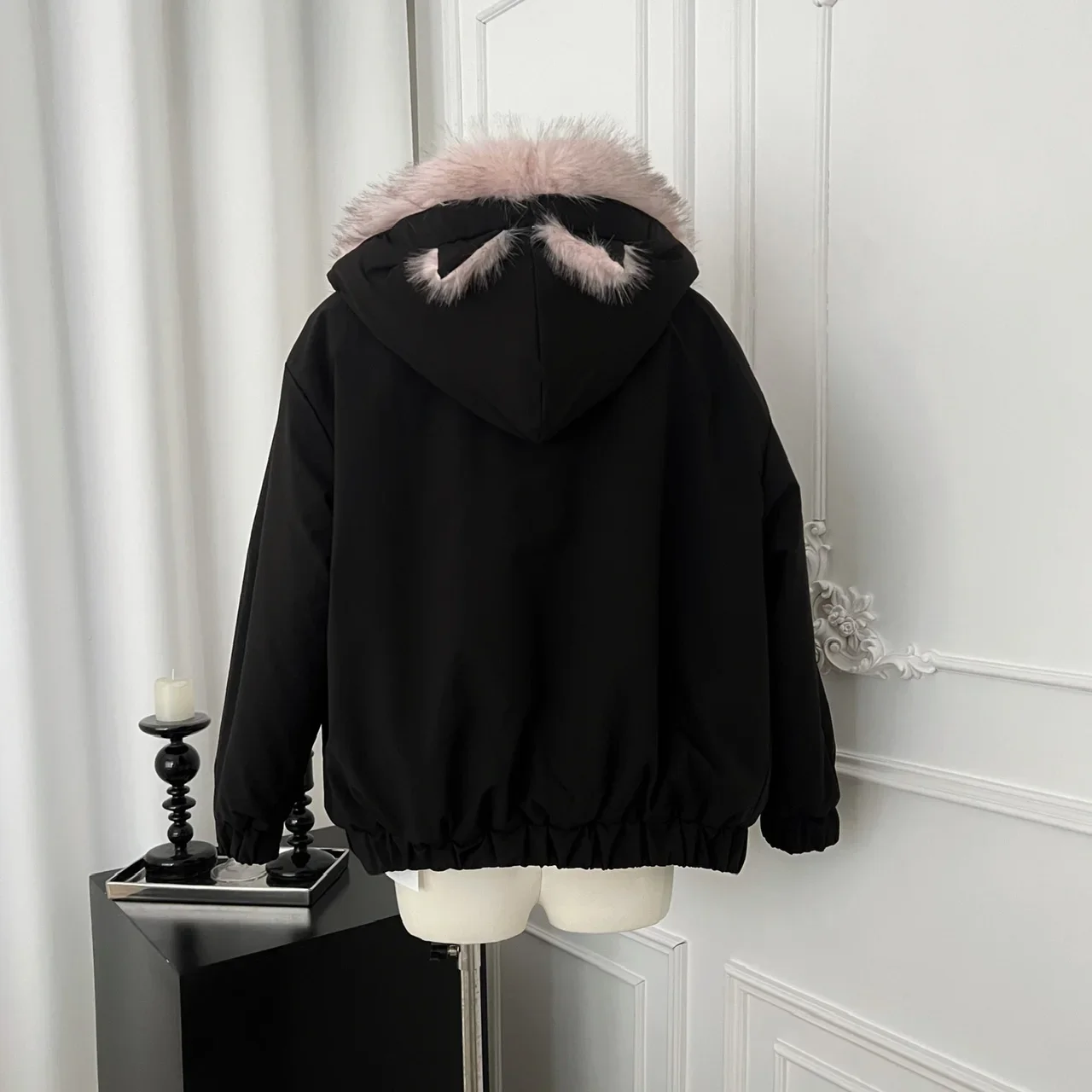 Winter Sweet Patchwork Elegant Hooded Women Black Zip Up Vintage Korean Style Chic Coat Female Loose Casual Sweatshirt Harajuku